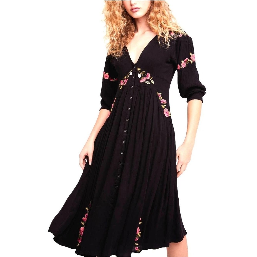 Free People Day Glow Black Floral Embroidered V-Neck Midi Dress Small